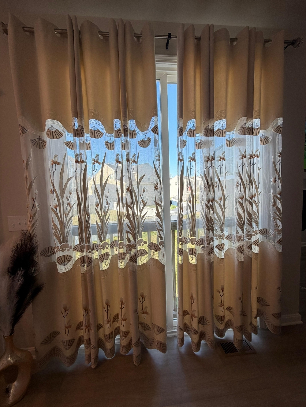 Beige Floral Sheer & Solid Curtain Set